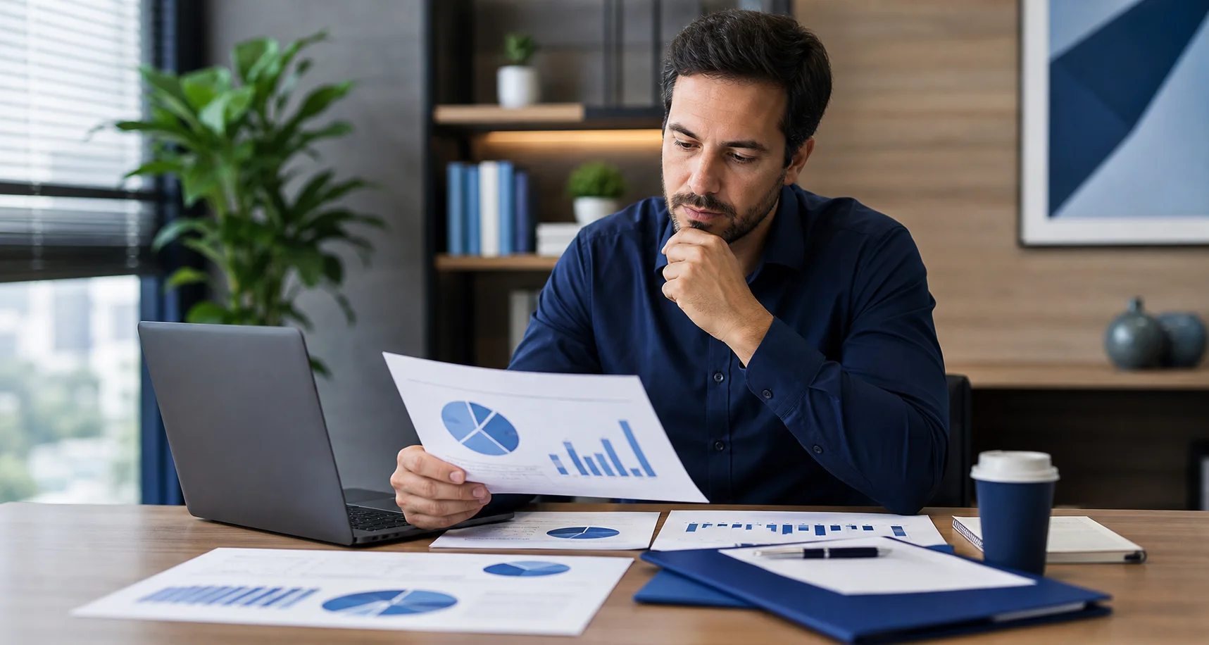Empresário analisando custos de plano de saúde com documentos e gráficos