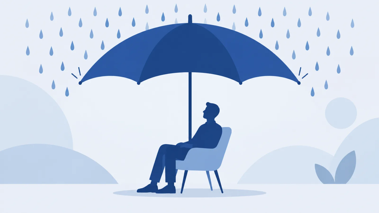 Silhueta de pessoa sentada em cadeira, postura calma, sob um guarda-chuva grande e arredondado que forma uma abóbada pro