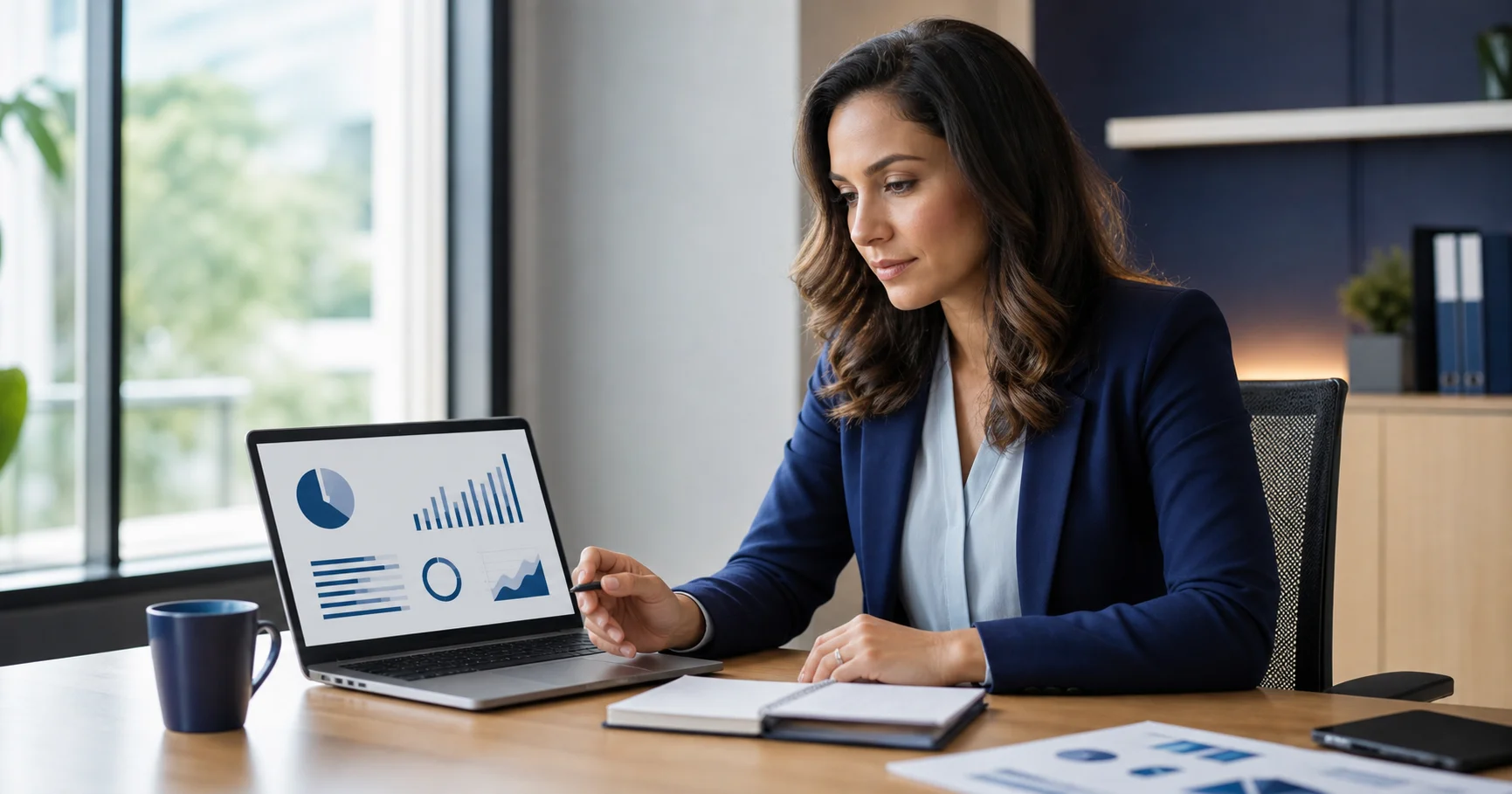 Profissional de RH analisando gráficos de custos de plano de saúde empresarial em laptop
