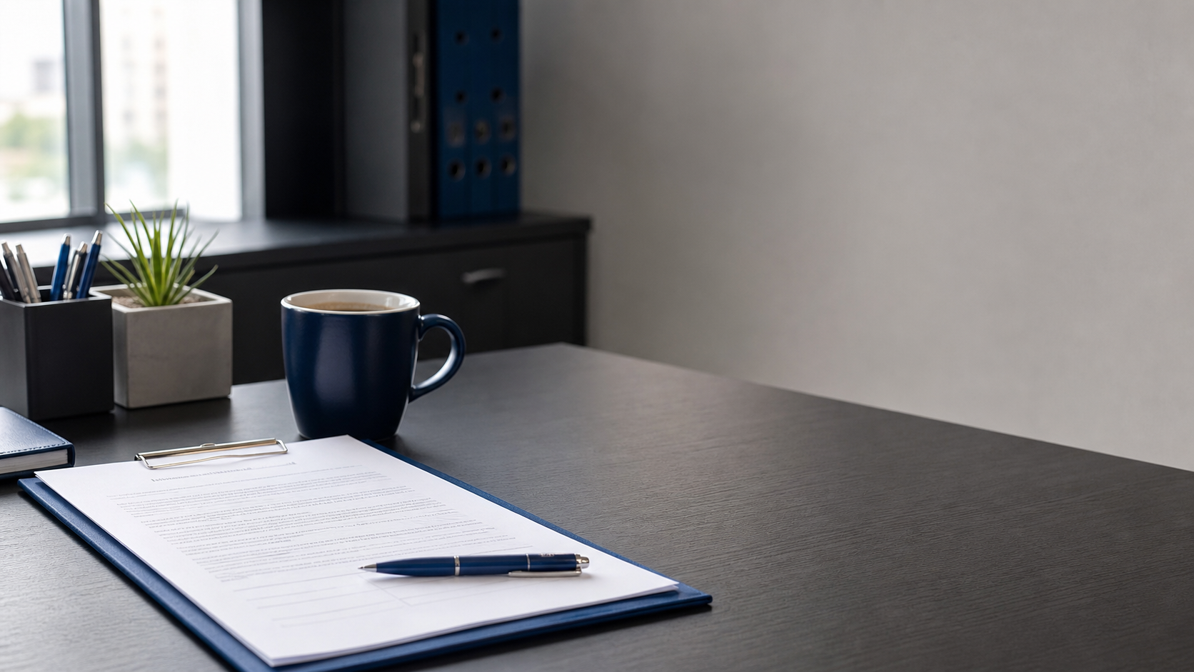 Mesa de escritório com contrato de plano de saúde e ambiente corporativo — consultoria de benefícios para PME