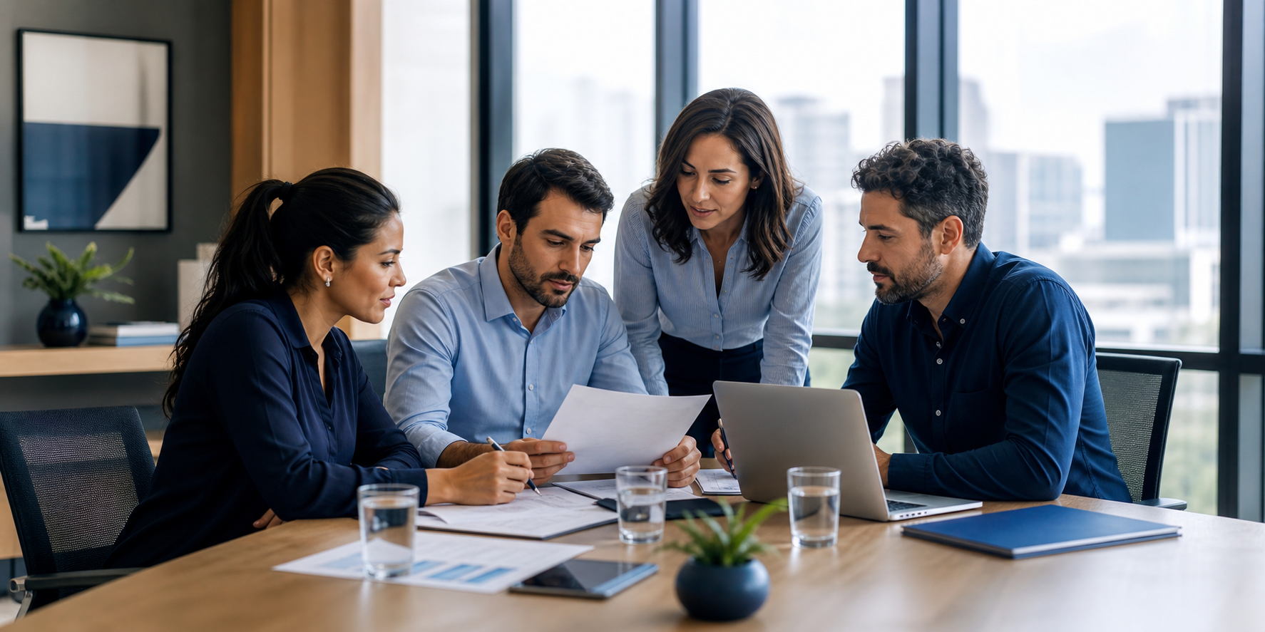 Equipe de pequena empresa em reunião sobre benefícios corporativos