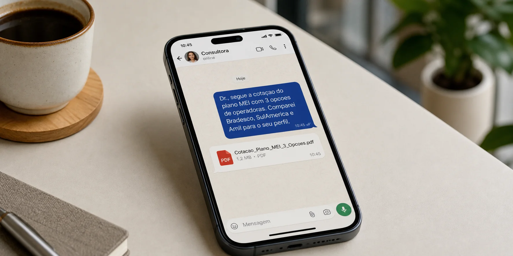 Conversa de WhatsApp com consultor WeCare enviando cotação de plano de saúde MEI