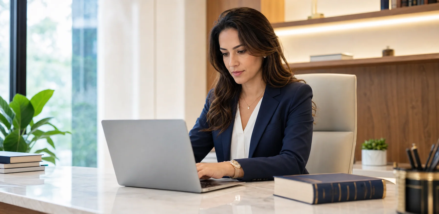 Advogada em escritório de advocacia analisando opções de plano de saúde em laptop