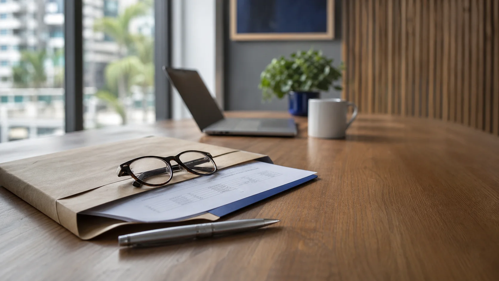 Carta de reajuste sobre mesa com óculos, caneta e laptop ao fundo — momento da decisão