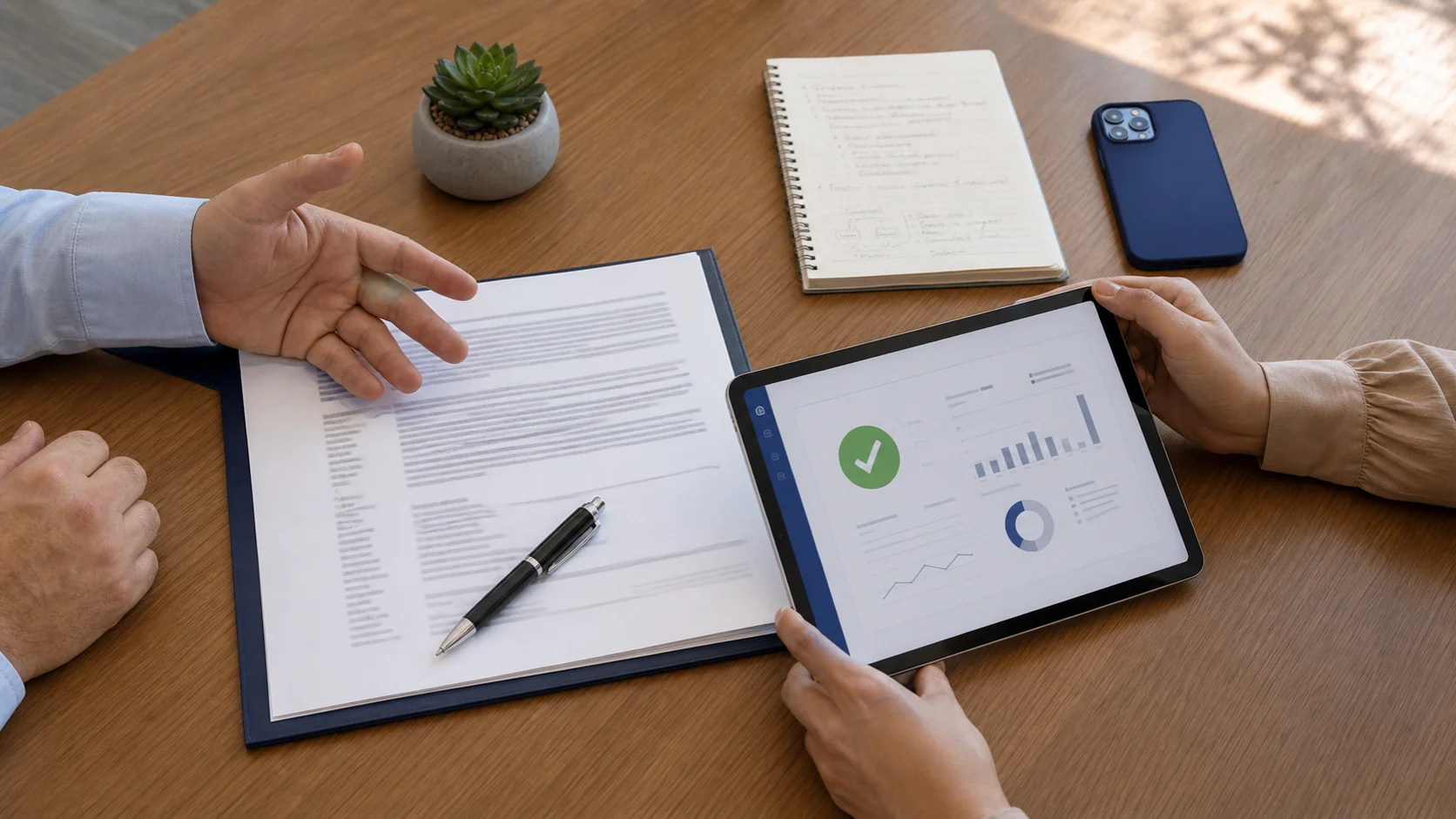 Mãos sobre mesa de reunião com contrato, tablet com gráfico e bloco de notas — revisão colaborativa