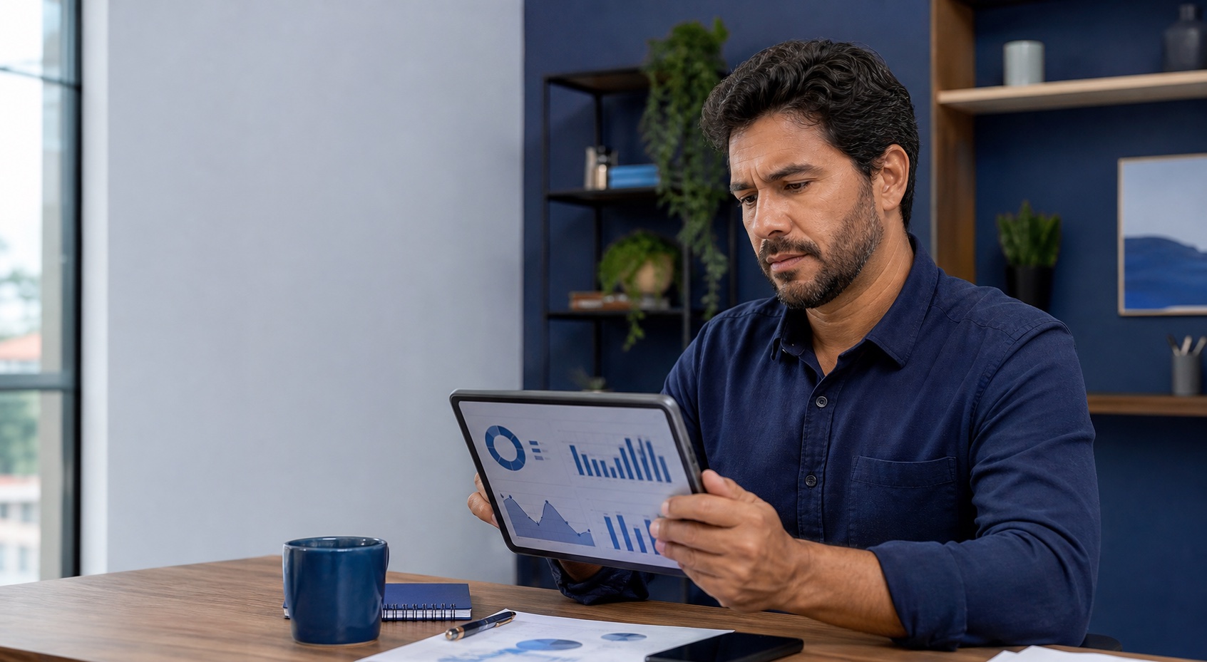 Empresário em escritório analisando relatório financeiro de plano de saúde em tablet